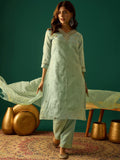 Zari-Embroidered Kurta Paired With Solid Trousers And A Tonal Dupatta