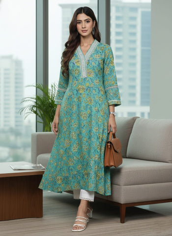 Varanga Women Sea Green Floral Printed V- Neck Stright Kurta