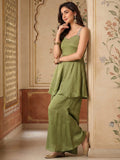 Olive Green Embellished Sharara Set With A Mirror Work Strappy Top & Dupatta.
