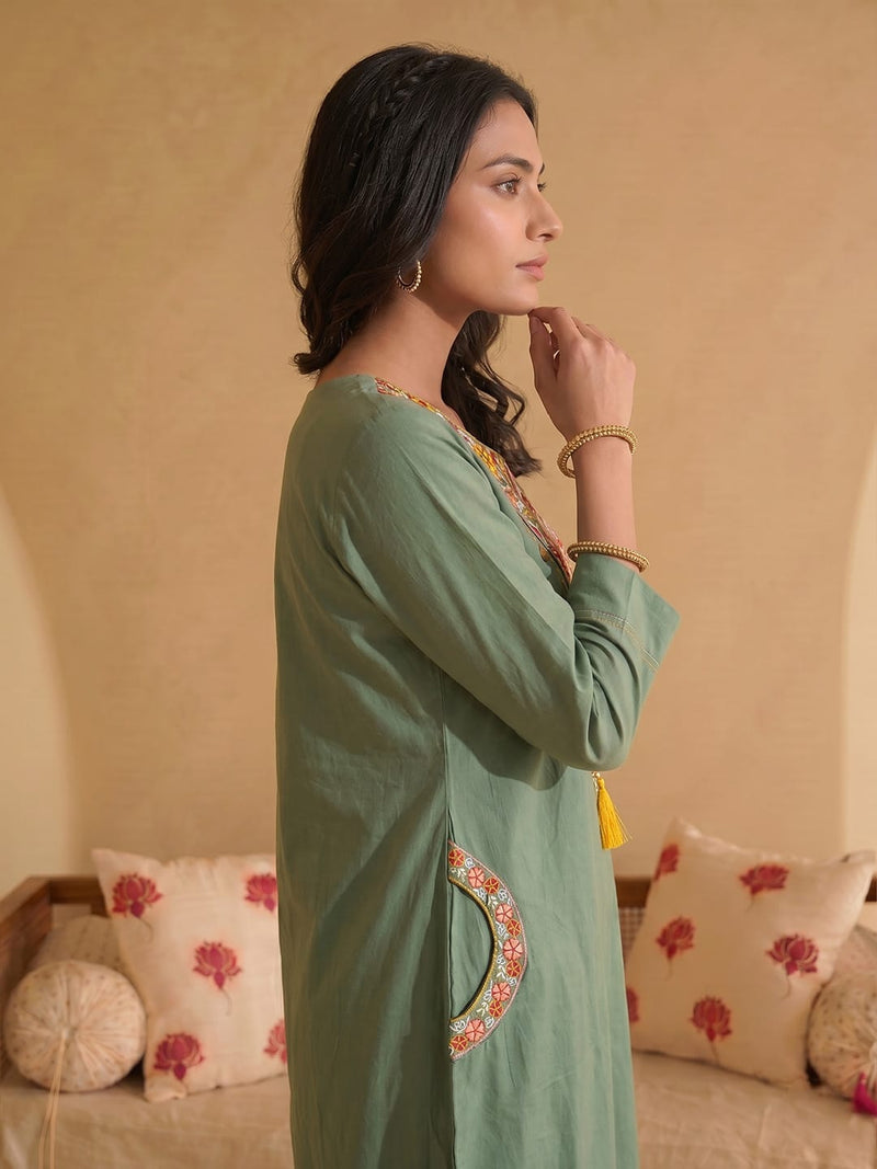 Women's Olive Green Mirror Embroidered Kurta Set with Cotton Dupatta