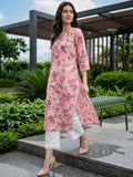 Varanga Women Grey Floral Printed Wit V-Neck And Three Quater Sleeve Straight Kurta