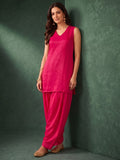 Rani Pink Solid V Neck Short Kurta With Farsi Salwar And Dupatta.