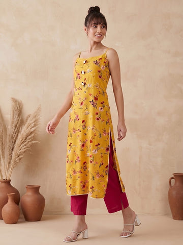 Varanga Mustard And Pink Printed Strap Kurta