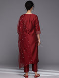 Varanga Women Red Embroidered Kurta With Tonal Trouser And Printed Dupattta