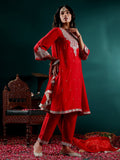 Varanga Women Red Embroidered Straight Kurta Paired With Tonal Bottom And Dupatta