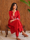 Women Red Embroidered Solid Straight Kurta With Trousers