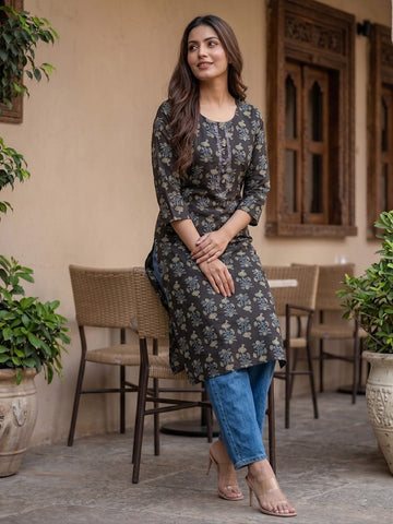 Women's Black Straight Printed Kurta
