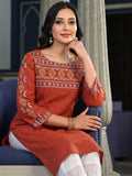 Red Ethnic Kurta Featuring Embroidered Yoke Detailing With Mirror.