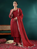 Varanga Women Maroon Solid V-Neck  Embellished With Gota Straight Kurta Paired With Tonal Bottom And Dupatta