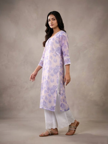 Varanga Women Lavender Floral Printed V- Neck Three Quarter Sleeve Straight Kurta.