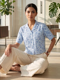 Blue Coloured Short Sleeves Shirt Collar Top