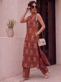 Fusion Block Printed Sleeveless Kurta Set In Cotton