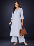 Women Blue Striped Shirt Collar Kurta Set