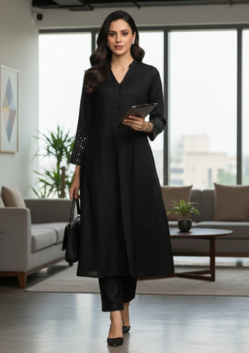 Black Mandarin Witn V Neck Anarkali Front Slit Detailing With Trouser