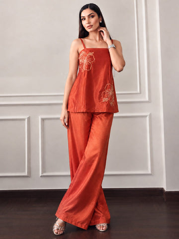 Varanga Women Floral Embroidered Regular Thread Work Silk Crepe Top with Palazzos