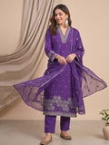 Kurta With Thread Embroidery And A V-Neck With Ankle-Length Trousers And An Embroidered Dupatta