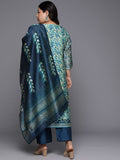 Varanga Women Plus Size Blue Floral Printed Kurta, Round Neck Straight Kurta Paired With Tonal Bottom And Printed Dupatta.