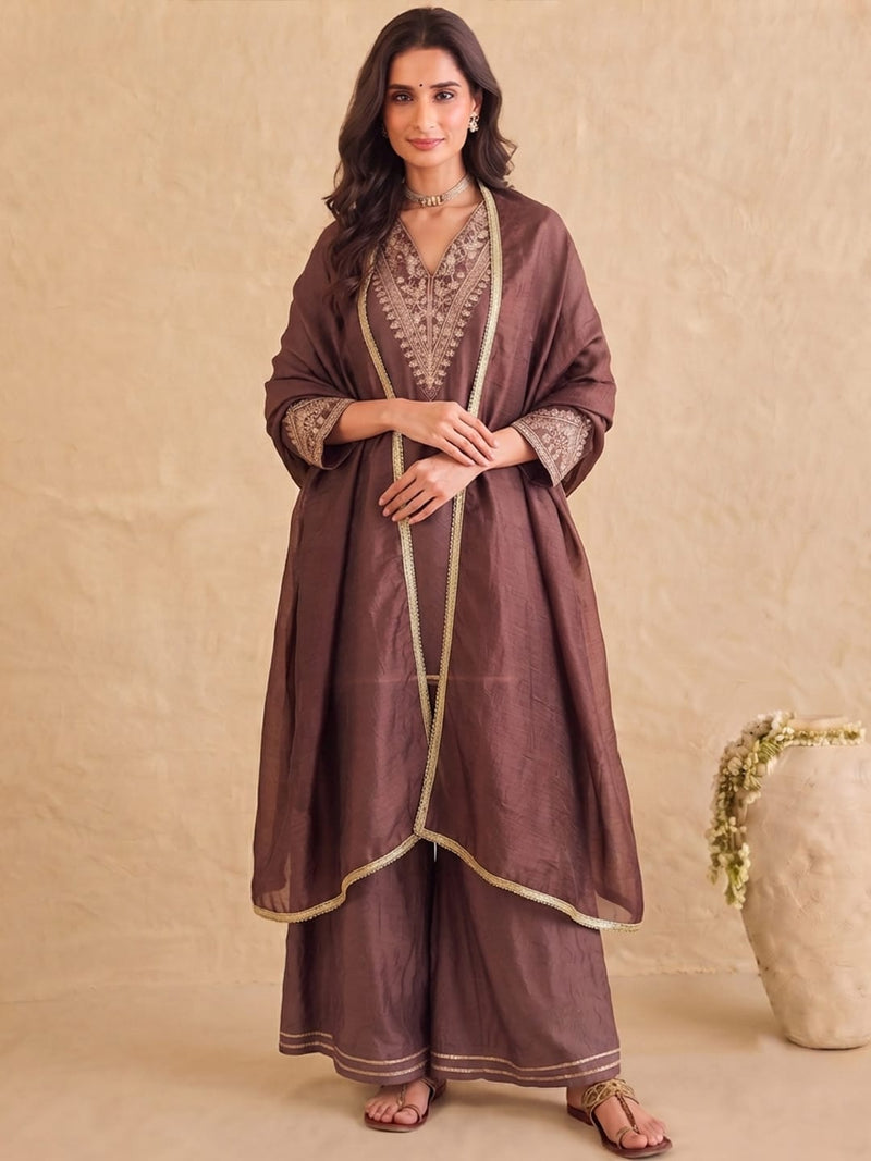 Brown Embroidered Kurta With Palazzo And Dupatta.