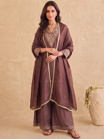 Brown Embroidered Kurta With Palazzo And Dupatta.