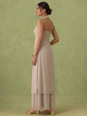 Embellished Mirror-Work Halter Kurta With Palazzo Set