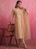 Beige Embroidered Chanderi Kurta Set With Straight Pants And Organza Dupatta.