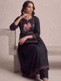 Black Embroidered Flared Kurta With Floral Yoke Detailing.