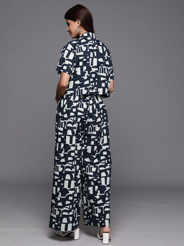 Varanga Women Navy Blue Sleeveless Top Paired With Printed Jacket And Palazzo