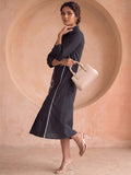 Casual Black Shirt Dress With Thread Embroiderey Detailing