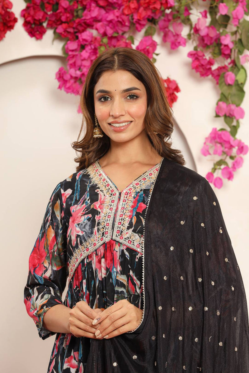 Varanga Women Black Floral Printed Embroidered V-Neck Alia Cut Kurta Paired With Tonal Dupatta