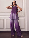 Ombere Purple Halter-Neck Co-Ord Set Featuring An Embellished Neckline And Flowy Wide-Leg Pants.