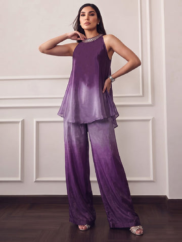 Ombere Purple Halter-Neck Co-Ord Set Featuring An Embellished Neckline And Flowy Wide-Leg Pants.