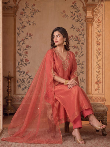 Varanga Women Sequinned work yoke Kurta with Trousers & With Dupatta