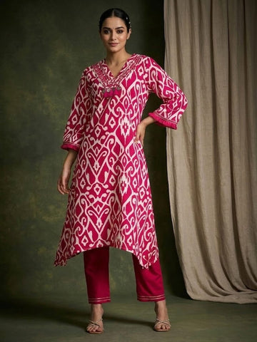 Ikat Printe Boho Flared Sleeve Kurta With Trouser