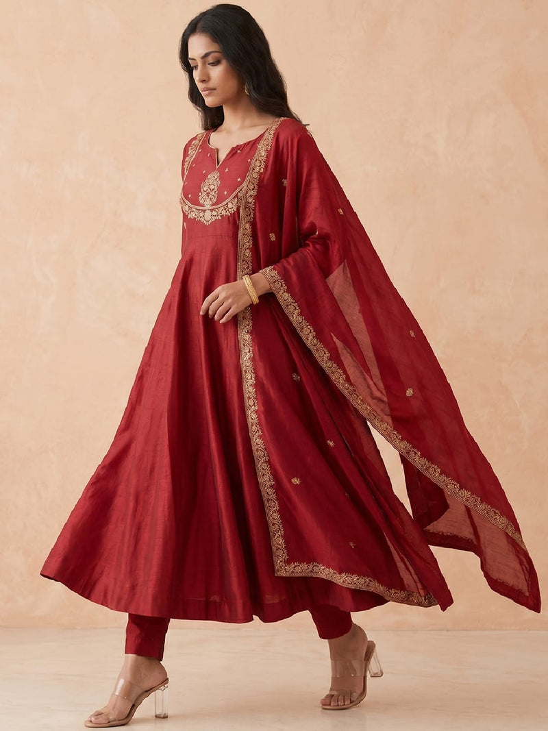 Women's Zari Splendour Maroon Embroidered Anarkali Set