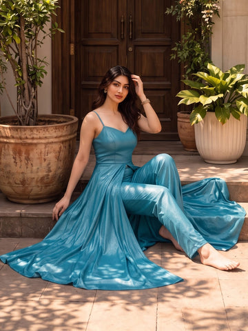 Elegant Teal Kurta Set With Trousers