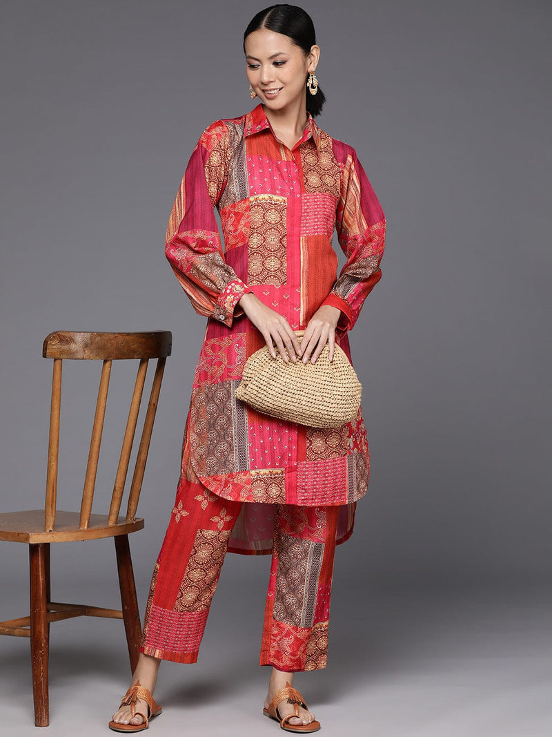 Varanga Women Pink Abstract Printed Shirt Collar Straight Kurta With Tonal Bottom