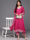 Varanga Women Pink Thread Embroidered V-Neck Straight Kurta With Bottom And Dupatta