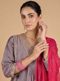 V Neck  Kurta With Lace Detailing, Paired With Solid Trousers And A Contrasting Fuchsia Dupatta.