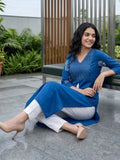 Ethnic Blue and White Printed Straight Kurta