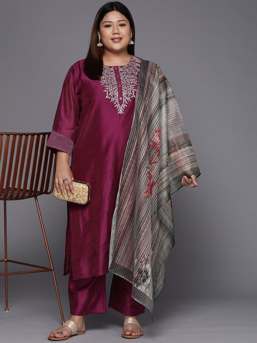 Varanga Women Plus Size Magenta Yoke Design Sequinned Chanderi Silk Kurta with Trousers & Dupatta