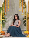 Varanga Women Blue Yoke Embroidered Sleeveless Flared Kurta With Trousers.