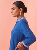 Indigo Blue Embroidered V-Neck Kurta With Polka Dot Detailed Trousers Set