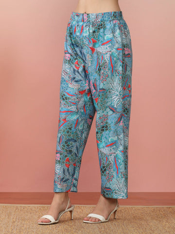 Varanaga sea green abstract printed mandarin collar, bishop sleeves Aline kurta paired with tonal printed bottom