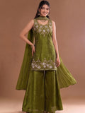 Round Neck Embroidered Kurta Set Featuring Zari And Sequin Work With Flared Palazzo And Embellished Dupatta