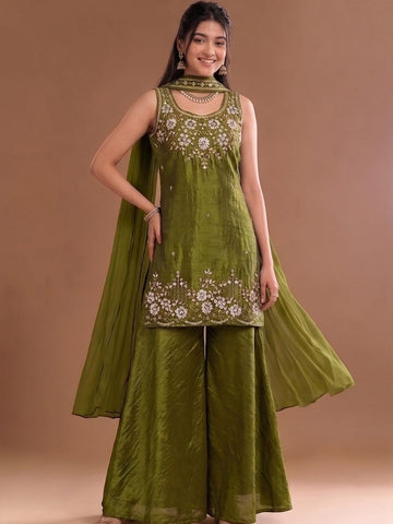 Round Neck Embroidered Kurta Set Featuring Zari And Sequin Work With Flared Palazzo And Embellished Dupatta