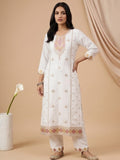 Varanga Women Elegant White 3-Piece Suit Set With Woven Kurta, Straight Pants, And A Rich Brocade Dupatta.