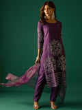 Hand-Embroidered Kurta Paired With Solid Ankle-Length Trousers And Embroidered Dupatta