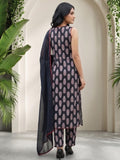 Black Sleeveless Kurta Set with Printed Trousers & Chiffon Dupatta