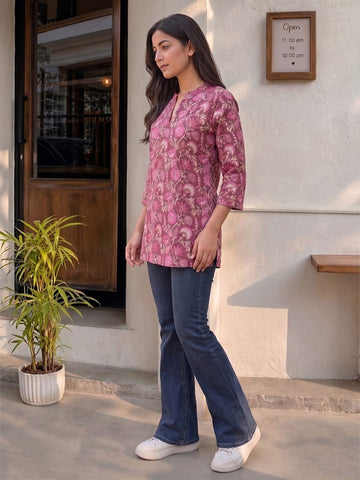 Women's Magenta Floral Block Print Cotton Short Kurti Top