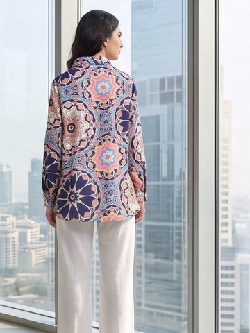 Multi Coloured Slim Collar Long Sleeves Geometric Shirt